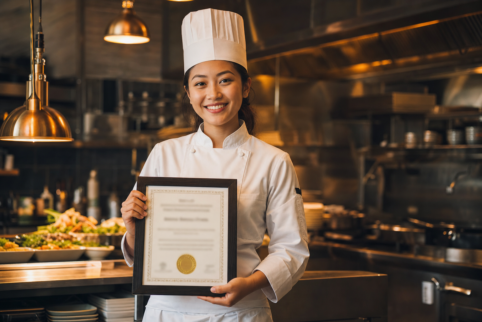 A proud culinary graduate holding a framed ServSafe food-safety certificate in a professional kitchen
