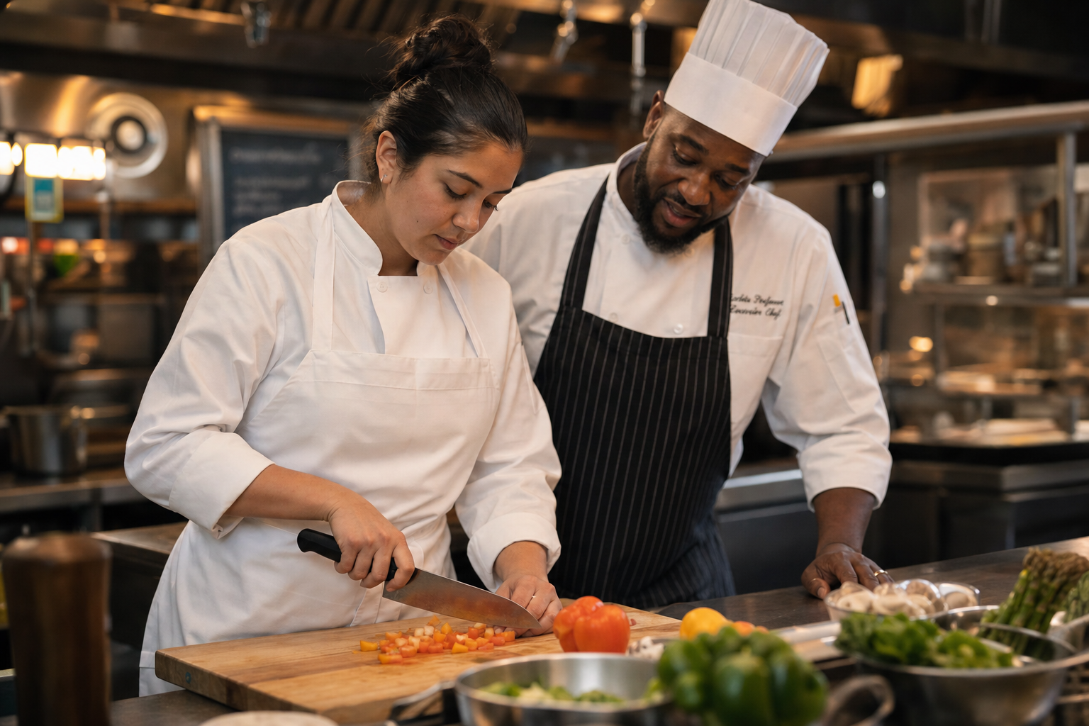 A culinary trainee learning knife skills beside a chef instructor in a professional kitchen